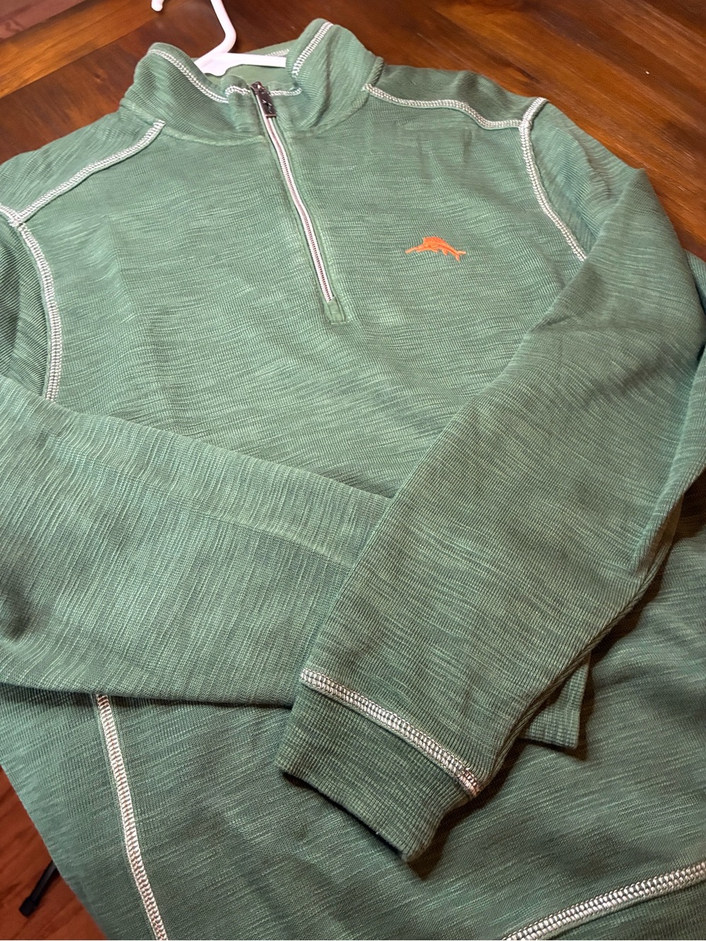 Tommy Bahama Men's Green Quarter-Zip Sweater with Orange Logo